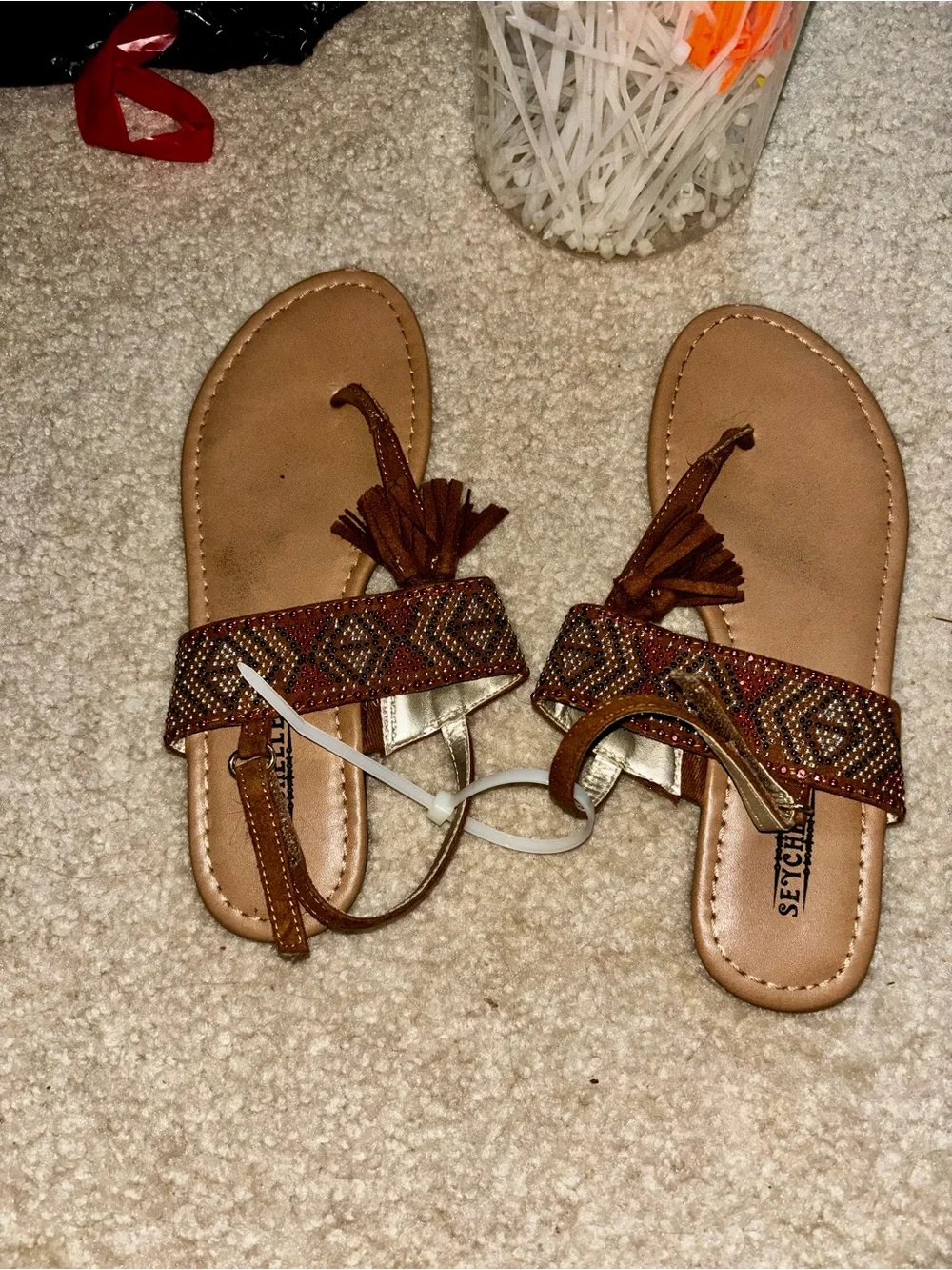 Kids Brown Beaded Tassel Sandals -